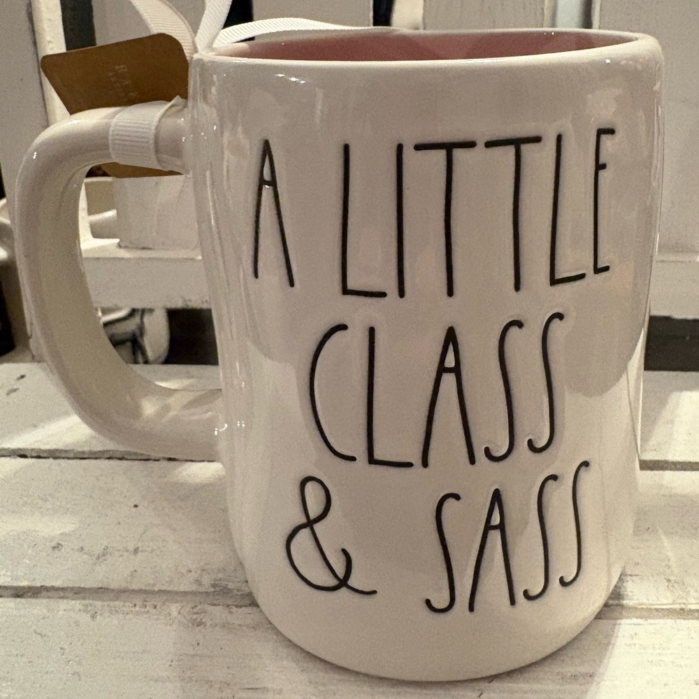 Rae Dunn White Ceramic Mug with Black Text
